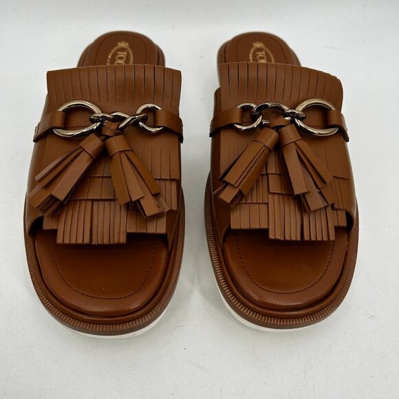TOD'S Brown Cognac Leather Fringe Tassel Slip On Platform Sandals Shoes Size 10 - Picture 5 of 9